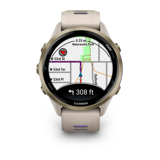 Garmin Forerunner® 970 Soft Gold Titanium with French Gray Case and French Gray/Translucent Indigo Band