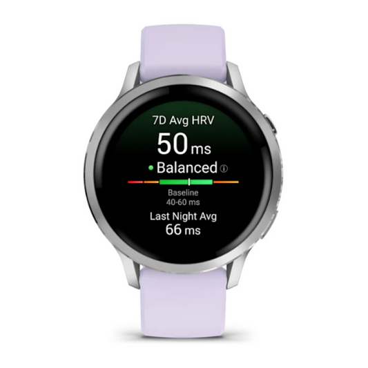 Garmin Venu® 4 – 41 mm Silver with Periwinkle Silicone Band