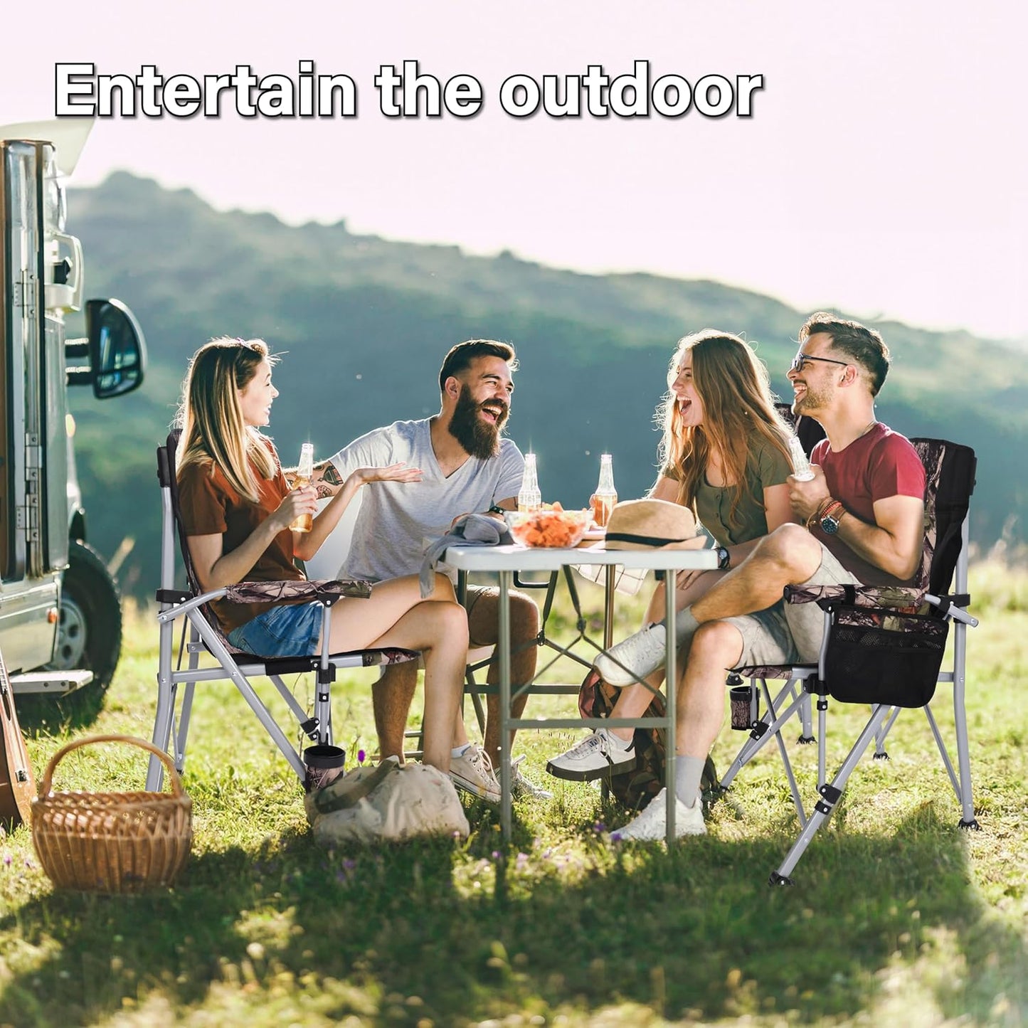 VOOVY Portable Camping Chair Heavy Duty Folding Chair, Outdoor Large Chairs Support 400lbs Portable Arm Chair with Storage Bag, Cup Holder, Carry Bag