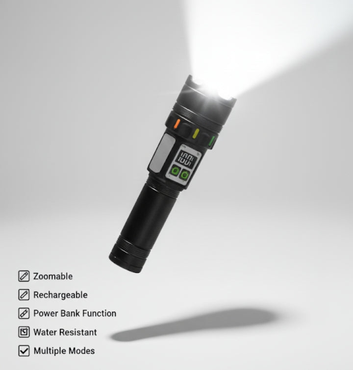 RuiLang RL-LS02 LED Multifunctional Flashlight | Rechargeable Torch with Zoom, Digital Display & Power Bank