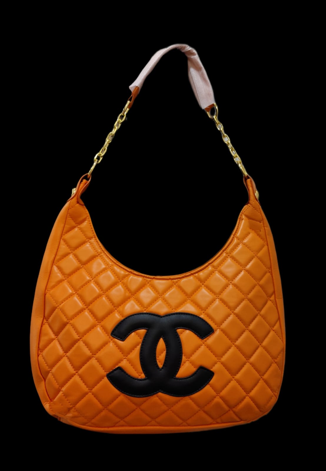 Bold Sunset Orange Diamond-Quilted Shoulder Bag with Oversized CC Branding