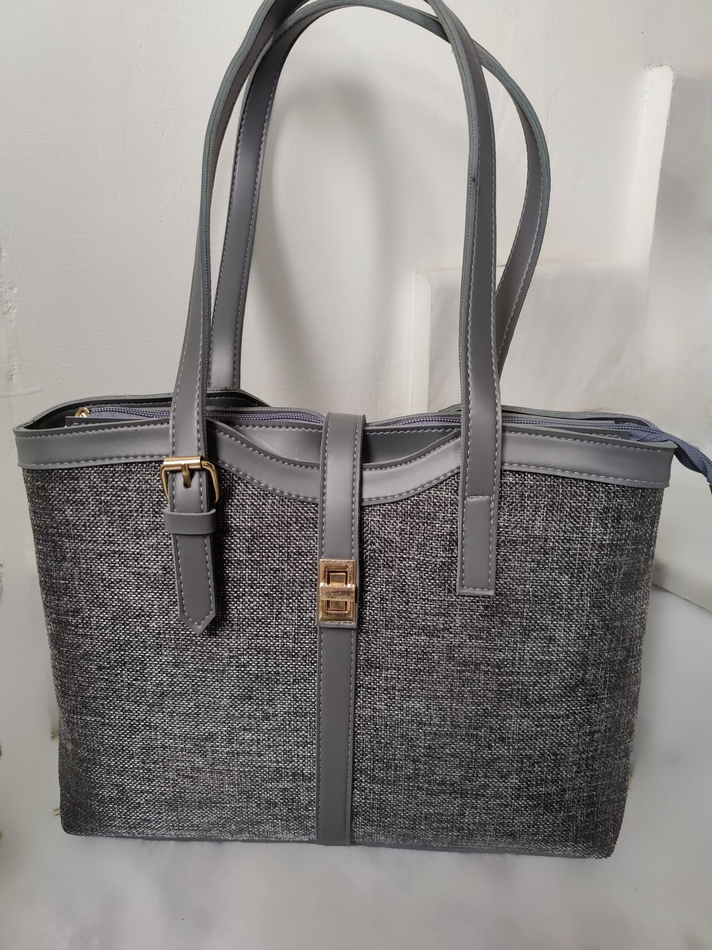 Slate Grey Textured Canvas Tote with Vegan Leather Trim and Gold Hardware