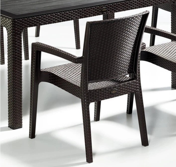 Rattan Effect Garden Furniture Set – Glass Top Dining Table 6 Stackable Chairs