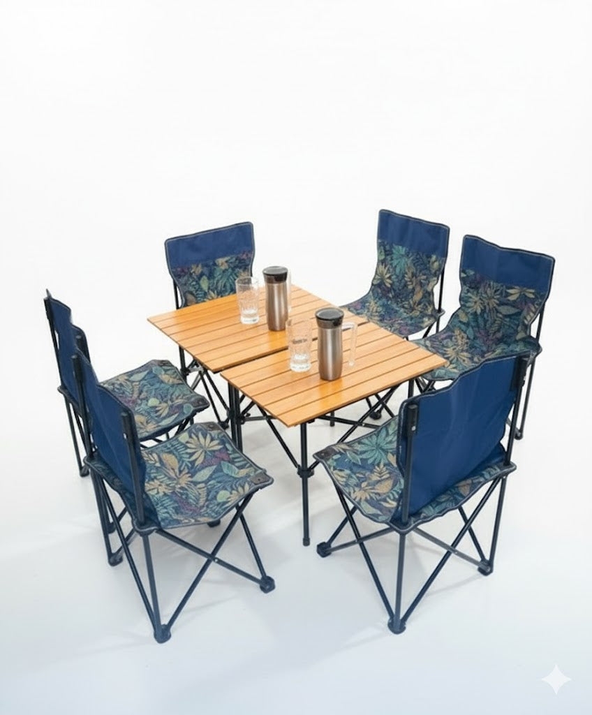 Outdoor Folding Chairs, Outdoor Camping Multifunctional Portable Folding double Tables and Chairs Set, Six Chairs with Storage Bag
