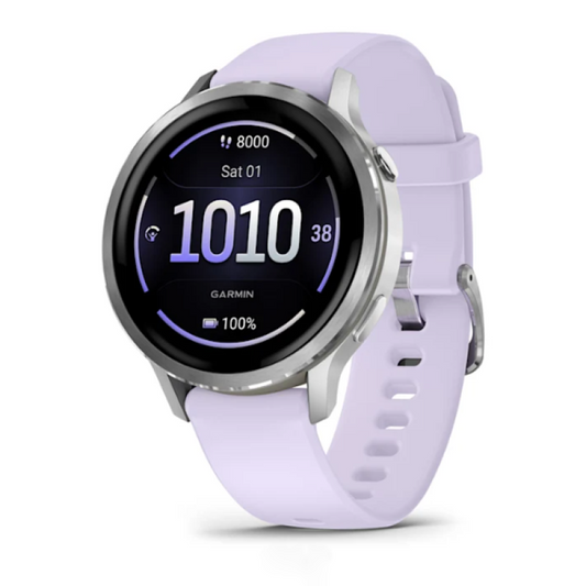 Garmin Venu® 4 – 41 mm Silver with Periwinkle Silicone Band