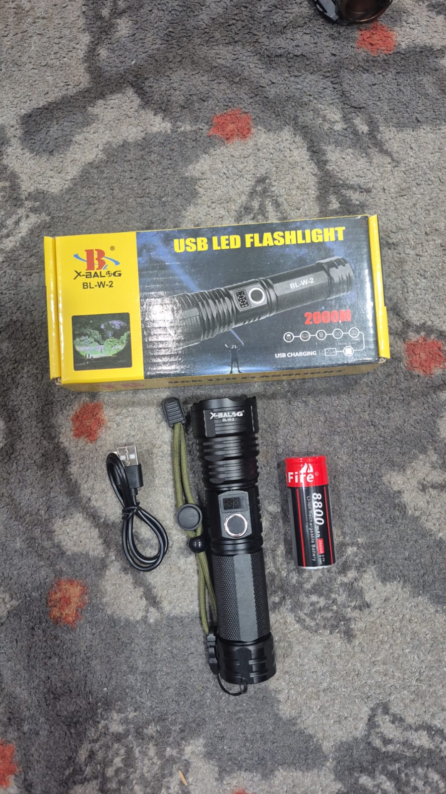 X-BALOG BL-W2 USB Rechargeable LED Flashlight – 2000M High Power Zoom Torch with 8800mAh Battery