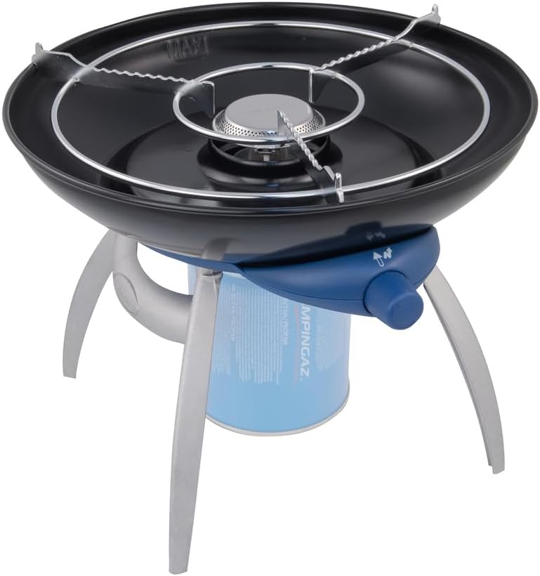 Campingaz Party Grill 100, Camping Stove and Grill, All-in-One Portable Camping BBQ, with Griddle, Grid and Pan Support, Black
