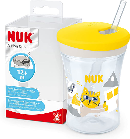 NUK Action Cup Toddler Cup | 12+ Months | Twist Close Soft Drinking Straw | Leak-Proof &amp; Washable | BPA-Free | 230ml | Green Leopard