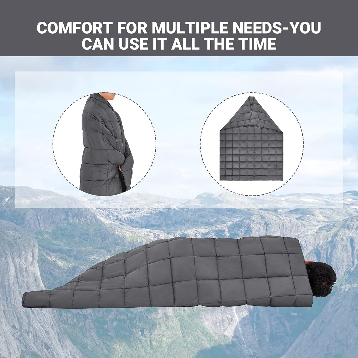 KingCamp Ultralight Camping Blanket, Packable Down Alternative Puffy Wearable Blankets Weatherproof Warm Package Quilt with Snap Buttons for Outdoor Hiking Travel Picnic Stadium
