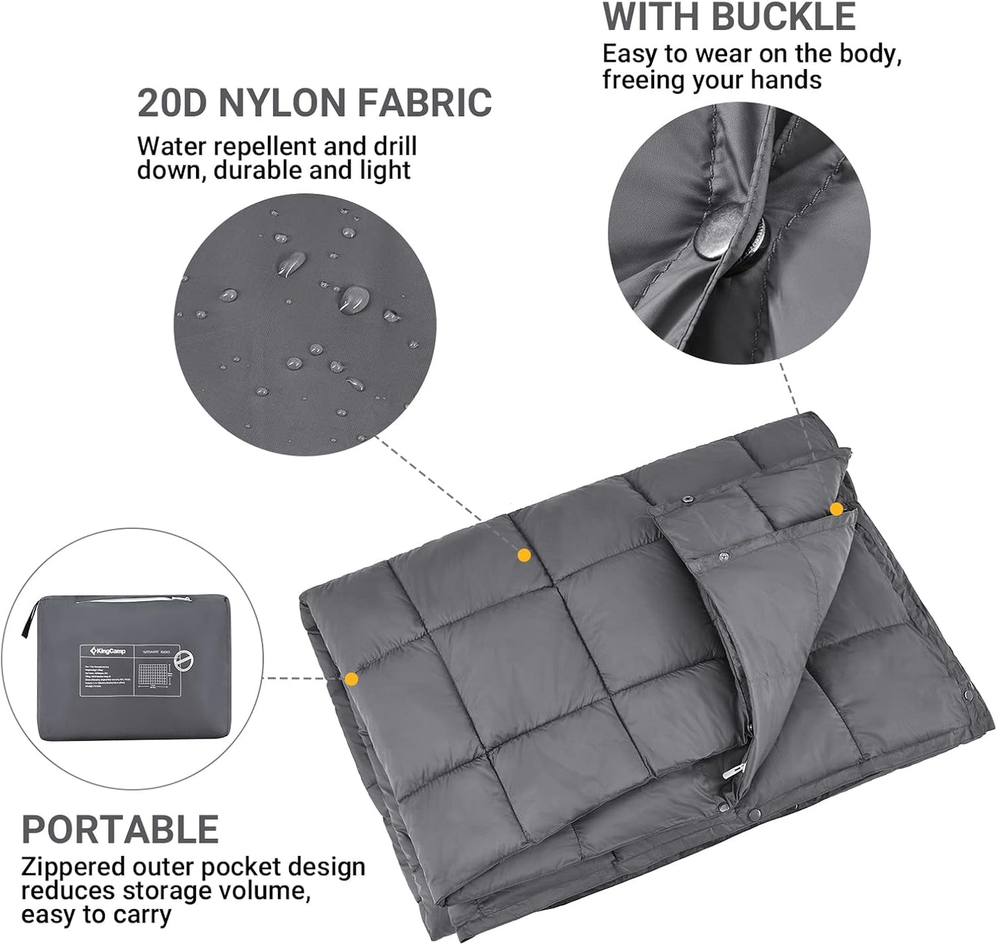 KingCamp Ultralight Camping Blanket, Packable Down Alternative Puffy Wearable Blankets Weatherproof Warm Package Quilt with Snap Buttons for Outdoor Hiking Travel Picnic Stadium