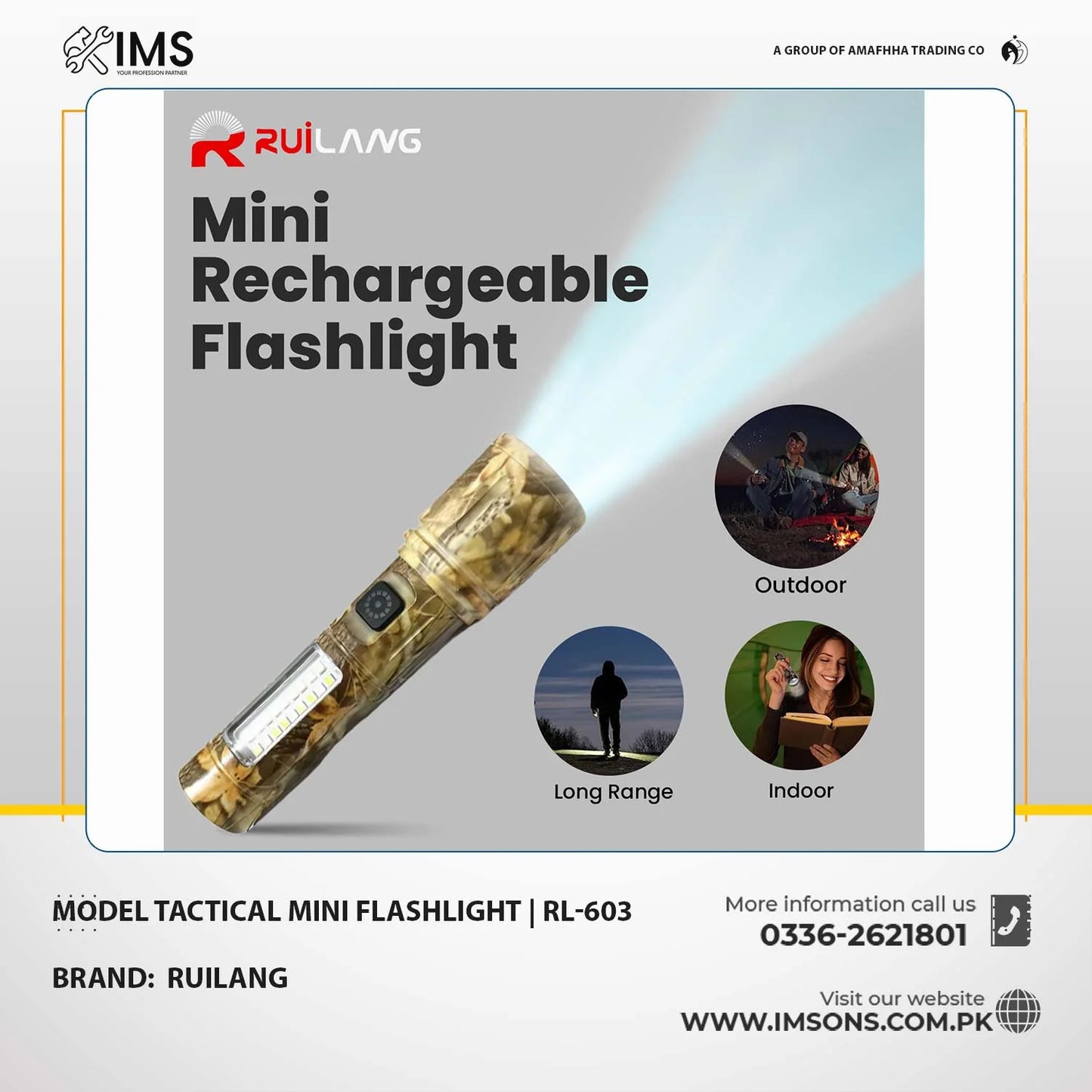 RUILANG RL-603 Tactical Camouflage Mini Rechargeable Flashlight with COB Side Light & Carry Case