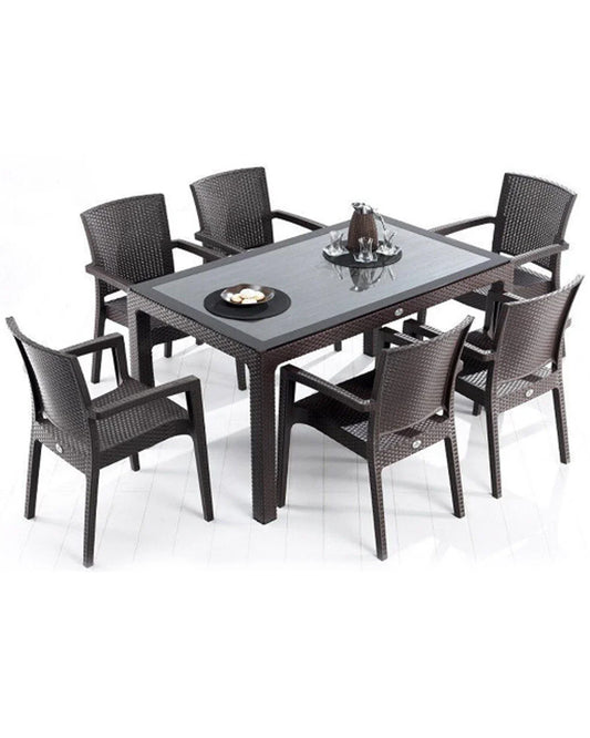 Rattan Effect Garden Furniture Set – Glass Top Dining Table 6 Stackable Chairs