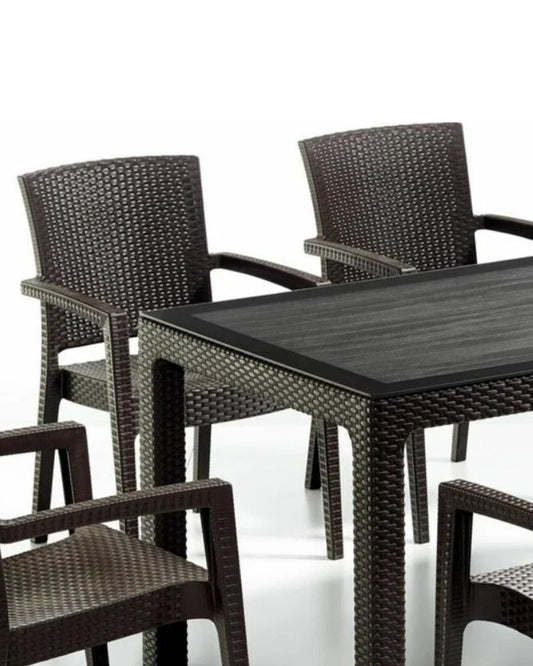 Rattan Effect Garden Furniture Set – Glass Top Dining Table 6 Stackable Chairs