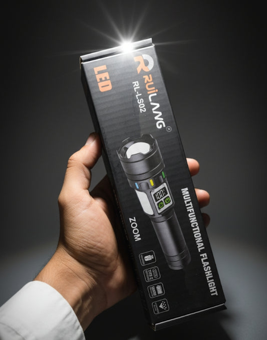 RuiLang RL-LS02 LED Multifunctional Flashlight | Rechargeable Torch with Zoom, Digital Display & Power Bank