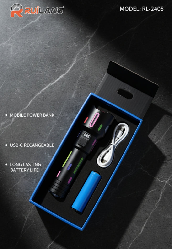 RUILANG RL-2405 High-Power LED Flashlight | Telescopic Zoom, Smart Power & Power Bank | Type-C Rechargeable Torch with 26650 Li-ion Battery