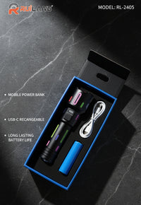 RUILANG RL-2405 High-Power LED Flashlight | Telescopic Zoom, Smart Power & Power Bank | Type-C Rechargeable Torch with 26650 Li-ion Battery