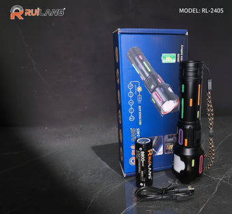 compare product RUILANG RL-2405 High-Power LED Flashlight | Telescopic Zoom, Smart Power & Power Bank | Type-C Rechargeable Torch with 26650 Li-ion Battery