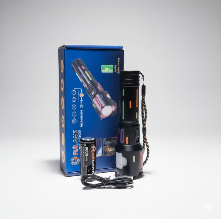 RUILANG RL-2405 High-Power LED Flashlight | Telescopic Zoom, Smart Power & Power Bank | Type-C Rechargeable Torch with 26650 Li-ion Battery