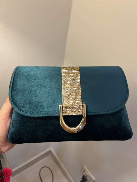 Elegant Teal Velvet Evening Clutch with Crystal-Encrusted Buckle