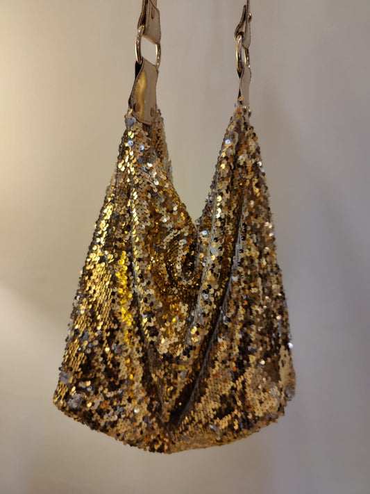 Shimmering Gold Sequin Evening Bag with Metallic Gold Strap