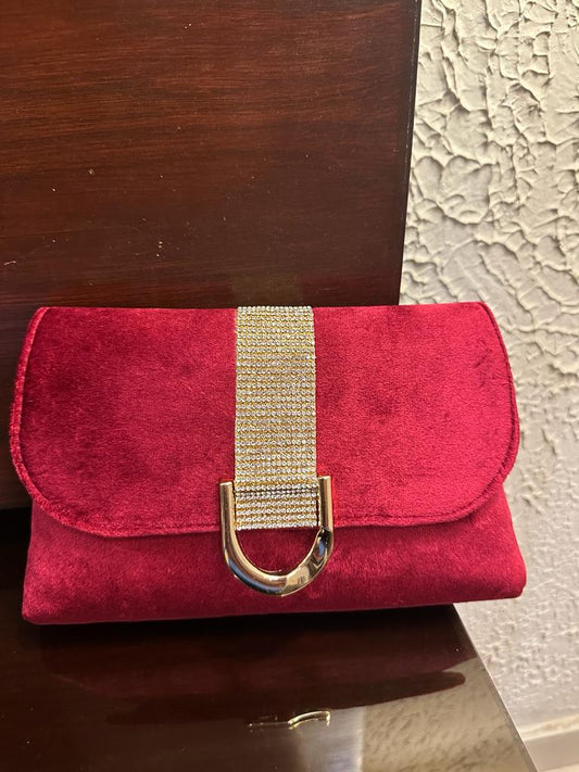 Luxurious Crimson Red Velvet Clutch with Crystal Embellishment