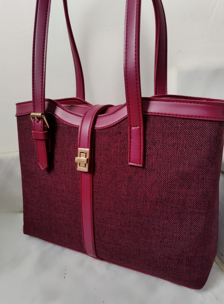 Structured Canvas Work Tote with Vegan Leather Trim and Gold Hardware