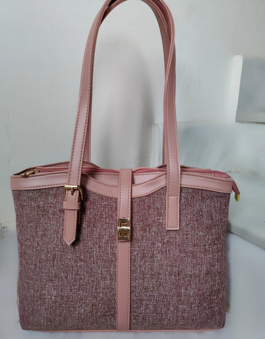 Elegant Structured Canvas Tote with Vegan Leather Trim and Gold Hardware