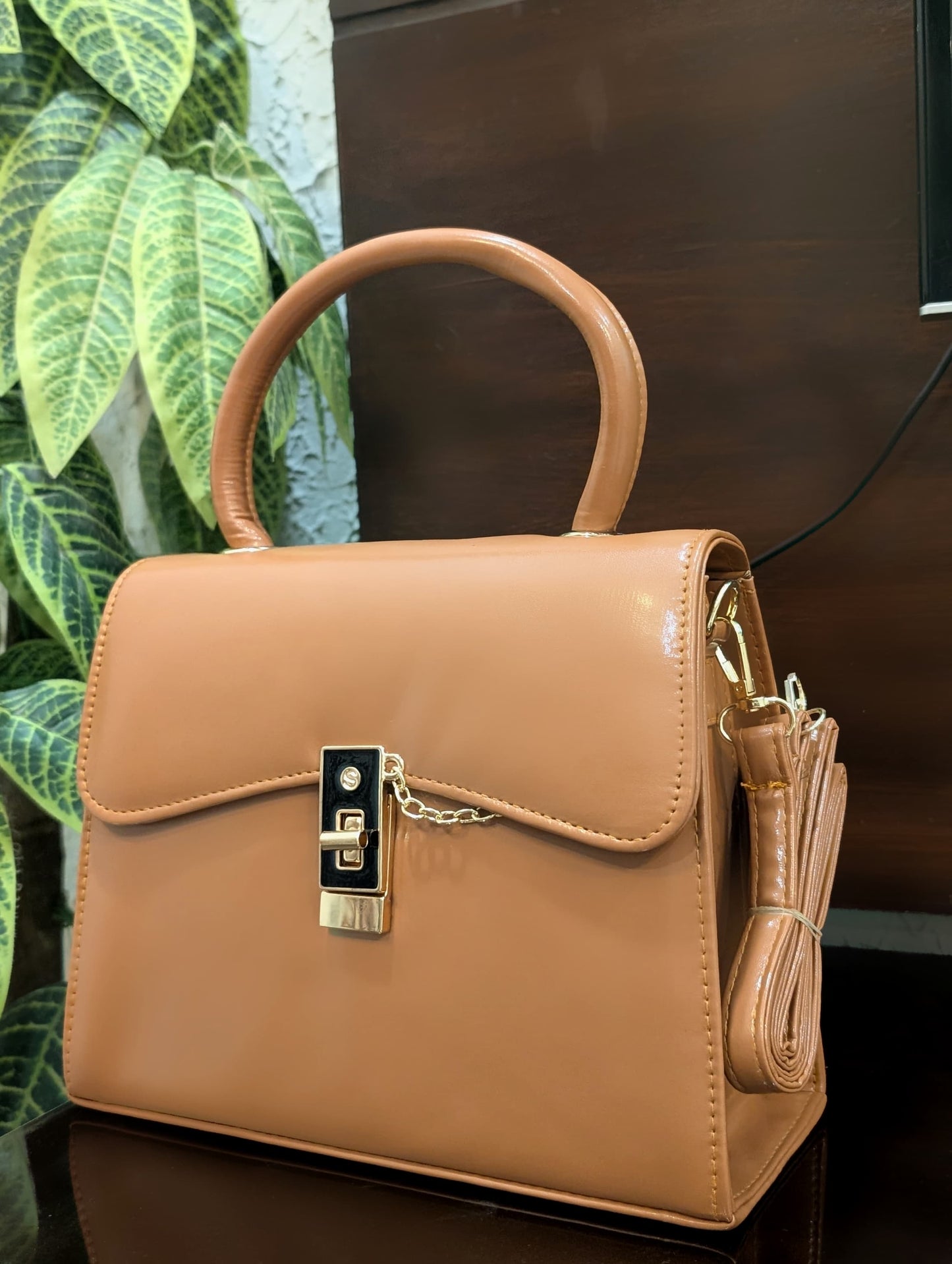 Structured Minimalist Top-Handle Satchel with Gold Pendant Hardware