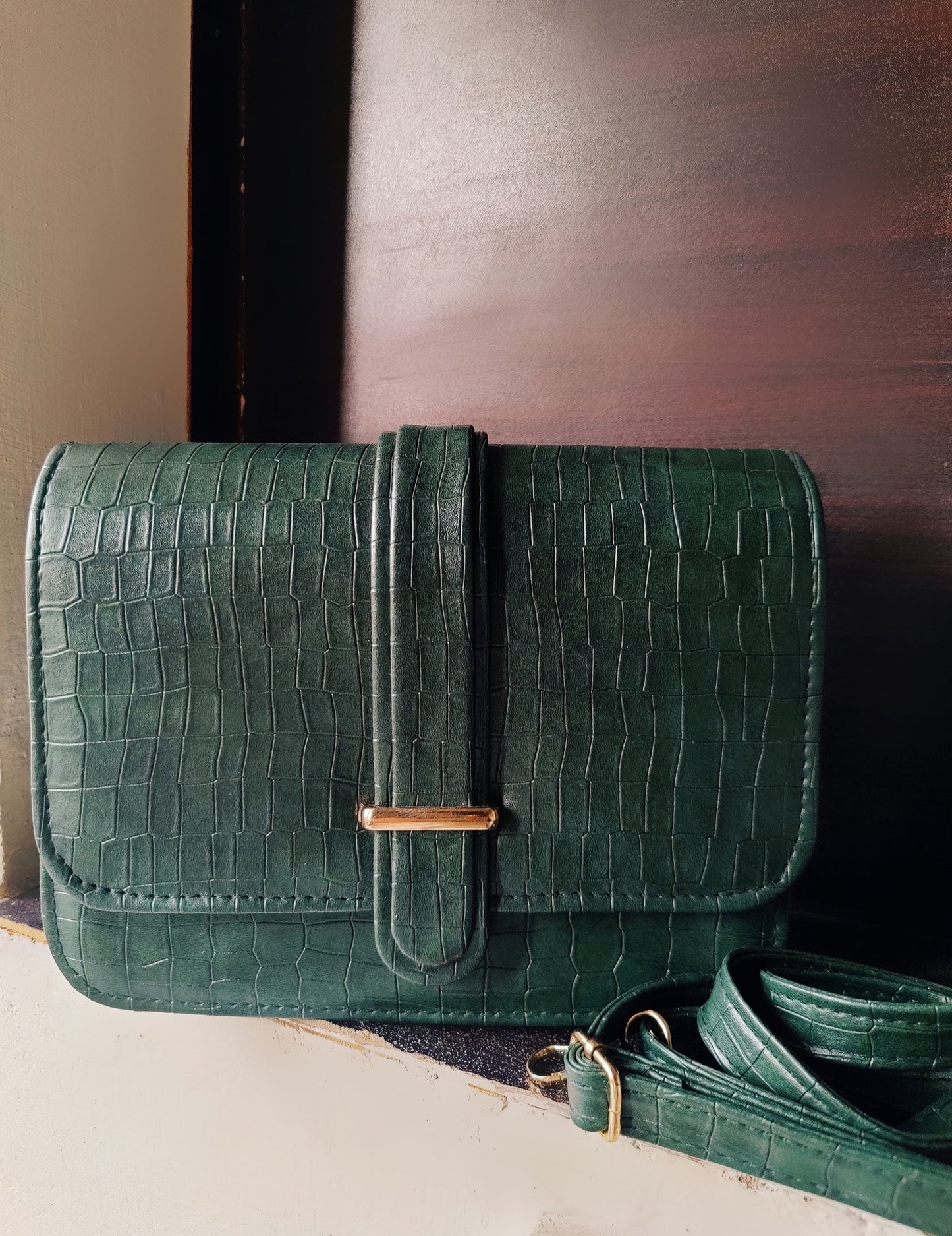 Emerald Green Croc-Embossed Vegan Leather Crossbody Bag with Gold Bar Detail