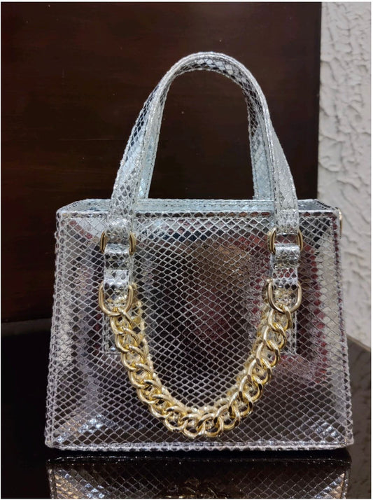 Metallic Silver Snake-Embossed Mini Tote with Chunky Gold Chain Accent