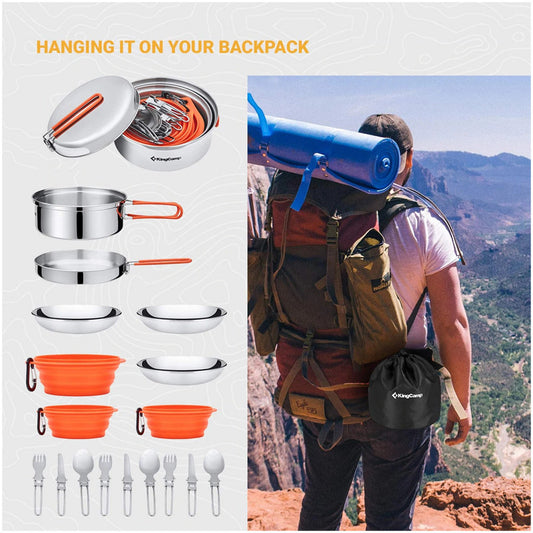 KingCamp KA2008 Adventure Stainless Steel Camping Cookware Mess Kit 25Pcs