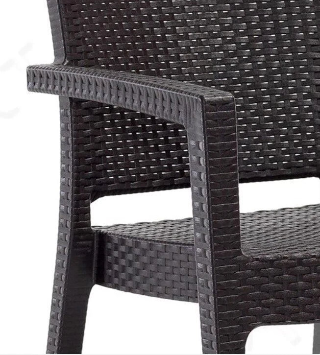 Rattan Effect Garden Furniture Set – Glass Top Dining Table 6 Stackable Chairs