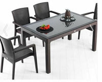 Rattan Effect Garden Furniture Set – Glass Top Dining Table 6 Stackable Chairs