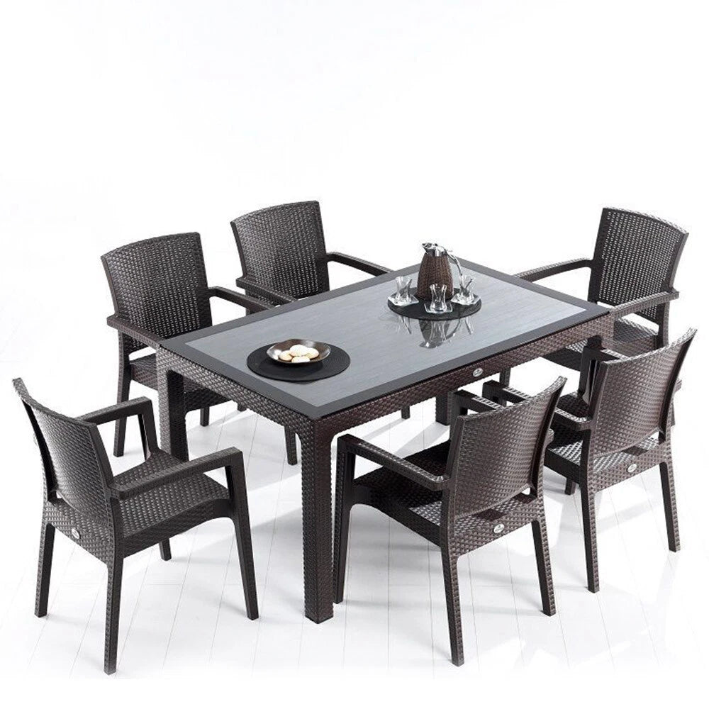 Rattan Effect Garden Furniture Set – Glass Top Dining Table 6 Stackable Chairs