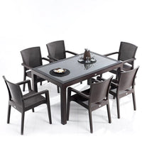 Rattan Effect Garden Furniture Set – Glass Top Dining Table 6 Stackable Chairs