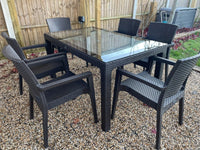 Rattan Effect Garden Furniture Set – Glass Top Dining Table 6 Stackable Chairs