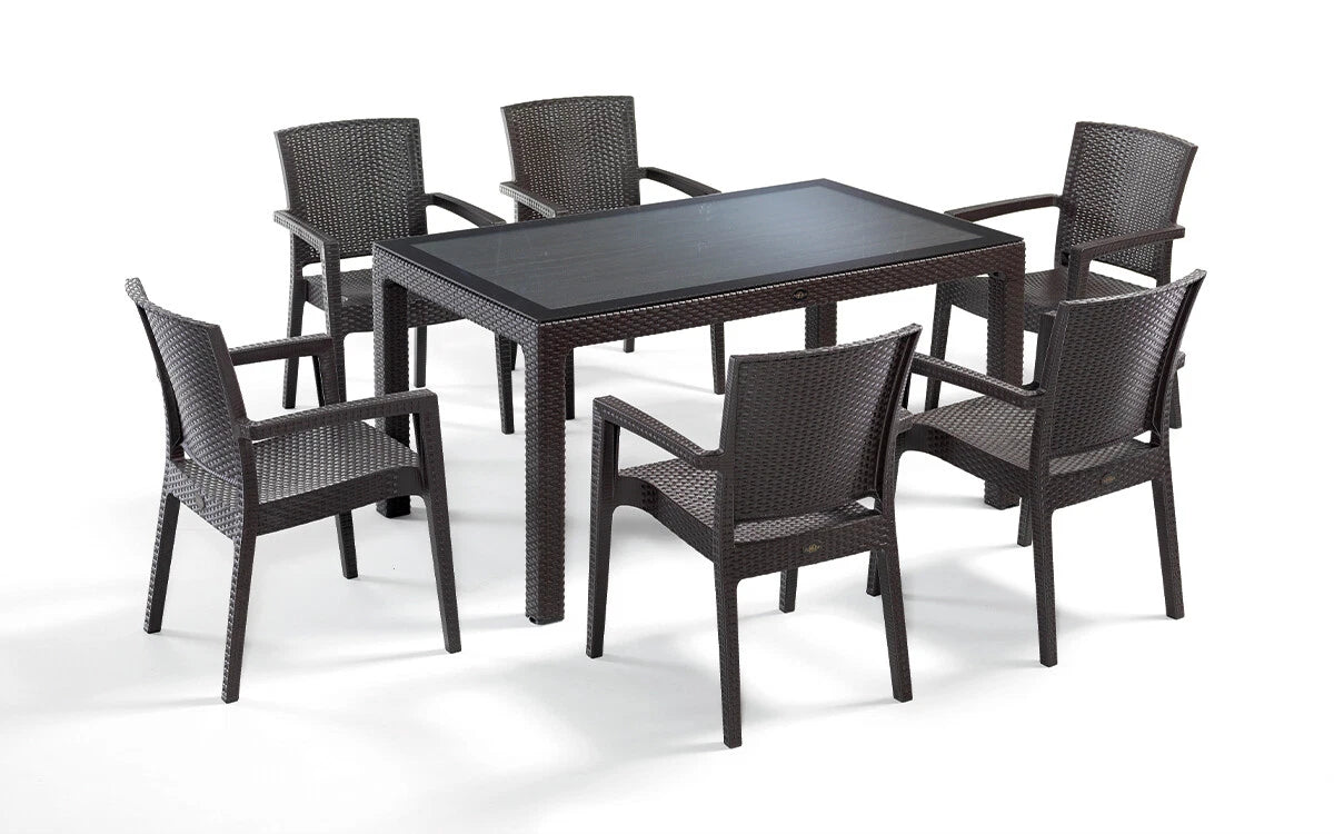 Rattan Effect Garden Furniture Set – Glass Top Dining Table 6 Stackable Chairs