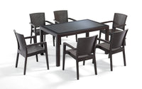 Rattan Effect Garden Furniture Set – Glass Top Dining Table 6 Stackable Chairs
