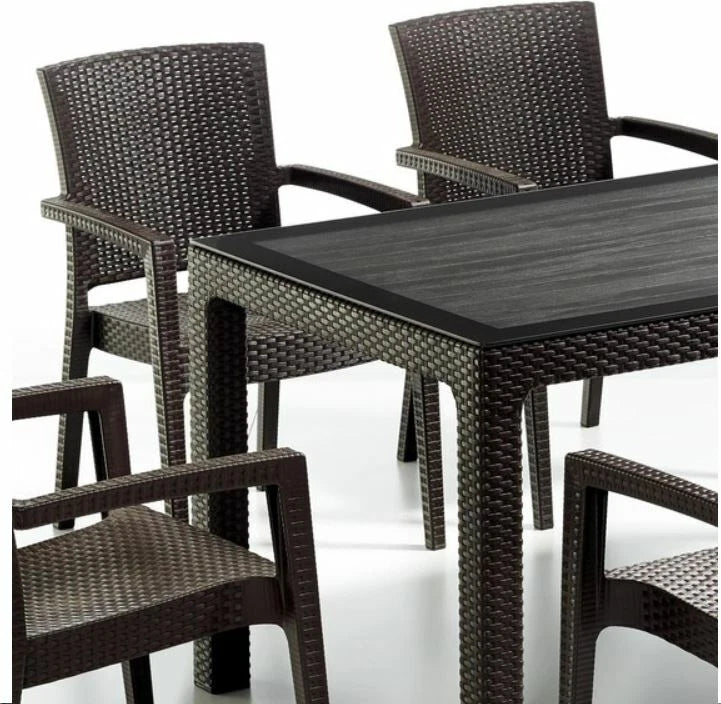 Rattan Effect Garden Furniture Set – Glass Top Dining Table 6 Stackable Chairs
