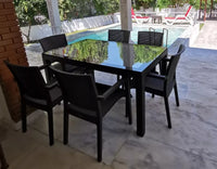 Rattan Effect Garden Furniture Set – Glass Top Dining Table 6 Stackable Chairs