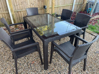 Rattan Effect Garden Furniture Set – Glass Top Dining Table 6 Stackable Chairs