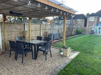 Rattan Effect Garden Furniture Set – Glass Top Dining Table 6 Stackable Chairs