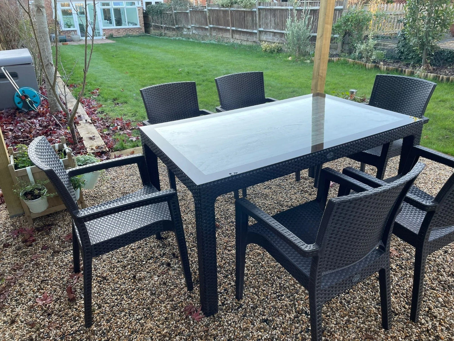 Rattan Effect Garden Furniture Set – Glass Top Dining Table 6 Stackable Chairs