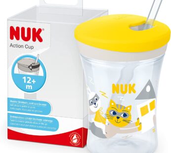 NUK Action Cup Toddler Cup | 12+ Months | Twist Close Soft Drinking Straw | Leak-Proof & Washable | BPA-Free | 230ml | Green Leopard