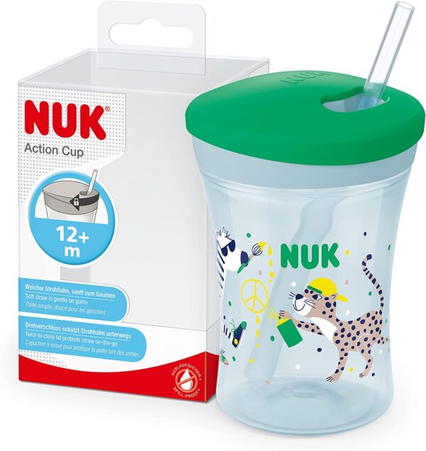 NUK Action Cup Toddler Cup | 12+ Months | Twist Close Soft Drinking Straw | Leak-Proof & Washable | BPA-Free | 230ml | Green Leopard - Image 8