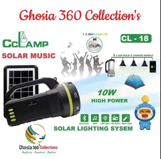 10W Camping Emergency. Solar Lightning System With 3 Bulbs Set Bluetooth Speaker/FM Radio, Mobile Charging Power Bank CCLAMP CL-18